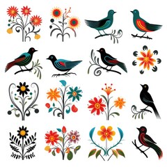 Obraz premium A Collection of Floral Icons and Symbols, set of elements for design, birds and flowers
