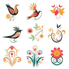 Birds and flowers,  Simplified and Stylized Floral Icons and Symbols