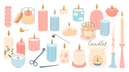A set of candles of different shapes in pastel colors isolated on a white background. Vector graphics.