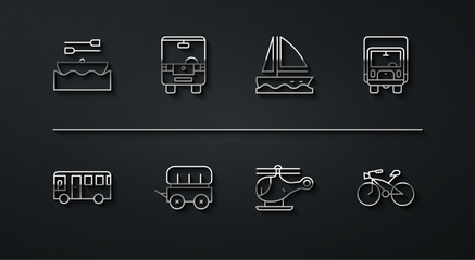 Set line Boat with oars, Bus, Delivery cargo truck, Helicopter, Wild west covered wagon, Bicycle and Yacht sailboat icon. Vector
