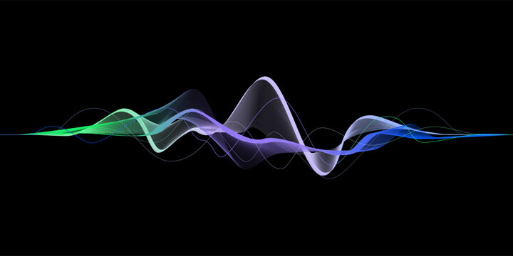 Data transmission, sound wave, technology, space transformation. Abstract green-purple-blue wave on black background for web design, presentation design, web banners. Vector illustration