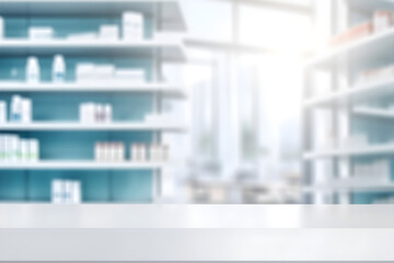  Abstract blur clean pharmacy pharmacy shelves with medicines for shopping with white wooden texture for advertising, promotional product display 