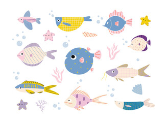A collection of fish and corals. Vector set on a fishing theme. Many types of fish. Collection of vector illustration.