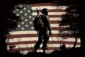 silhouette of soldier with united states of america flag independence day