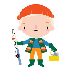 A boy with a fishing rod and a bag of fish. Vector set on a fishing theme. 