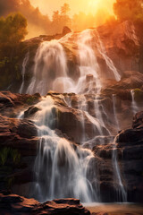 Cascading waterfall illuminated by the setting sun. Generative AI
