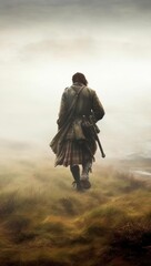 A Scottish highlander man holding a bagpipe. rear view and walking away. - obrazy, fototapety, plakaty
