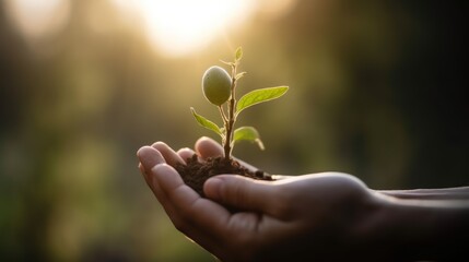 Close Up Plant in male Hands. Care of the Environment. Ecology concept. Generative AI