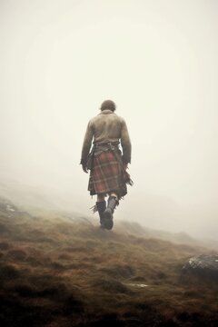 handsome highlander walking away and wearing a red kilt. looking down while he walks.