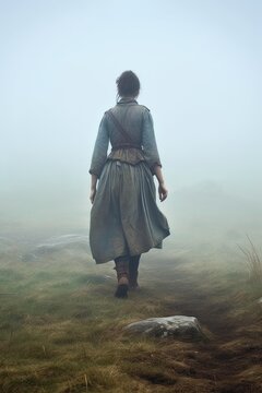 highlander woman walking away in a melancholic misty landscape.