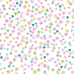 Cute floral pattern of small flowers and green and light green hearts. Seamless vector texture. An elegant template for fashionable prints. Very small pink flowers on a white background.