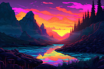 Fototapeta na wymiar Neon Sunset Landscape Illustration, Generative AI