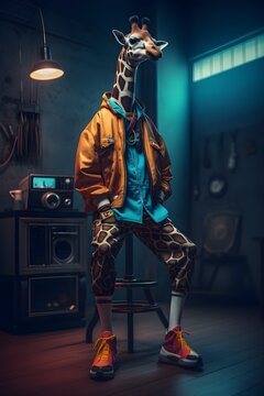Stylish giraffe wearing in a varsity jacket and sneakers. Anthropomorphic animal male sits on a stool in dark garage with music speakers. Youth streetwear style, trendy culture. Image is AI generated.