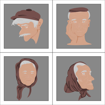 Collection of four frames with images of old men wearing cab and old woman have hair scarf with character on grey background.Vector isolate flat design of Face expressions of seniors man emotions set.