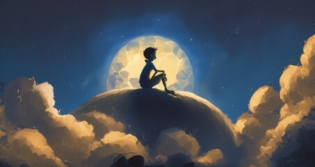 young boy sitting on the glowing moon behind clouds in night sky, digital art style, illustration painting, Generative AI
