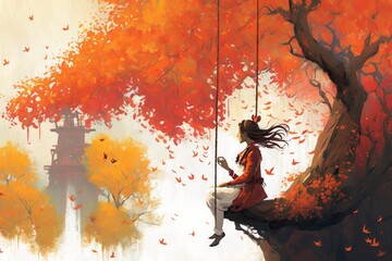 woman on a swing under autumn tree, illustration painting, Generative AI