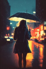 lonely woman with umbrella in night city, illustration painting, Generative AI