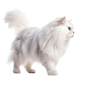 a White Persian cat with blue eyes, walking, full body, side and/4 view, fluffy and furry pet, Pet-themed, photorealistic illustrations in a PNG, cutout, and isolated. Generative AI