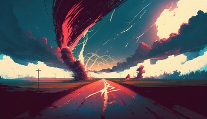 road with lightning and red storm ahead, illustration painting, Generative AI
