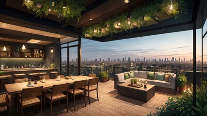 Obraz premium a room with a table and chairs and a view of a city. Ai llustration. digital painting. Generative AI Artificial Intelligence Artwork