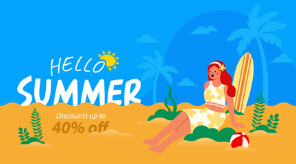 hello summer big sale banner with woman on the beach  and orange blue background. vector, Illustration ,vertical  poster