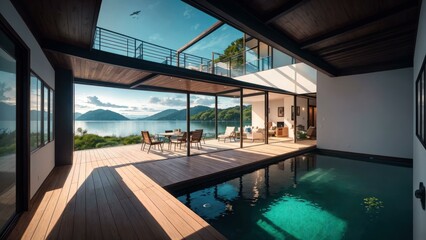 Fototapeta premium a pool with a deck and chairs by it and a building with a view of the ocean. Ai llustration. digital painting. Generative AI Artificial Intelligence Artwork