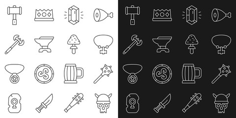 Set line Skull with viking helmet, Mace spikes, Necklace gem, Gem stone, Anvil for blacksmithing, Medieval poleaxe, Battle hammer and Mushroom icon. Vector