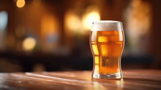 Glass of beer on wooden table with defocus cafe interior. October fest banner.  AI generative