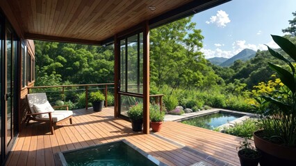 a deck with a pool and a deck with trees and mountains in the background. Ai llustration. digital painting. Generative AI Artificial Intelligence Artwork