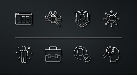 Set line Search job, Multitasking manager working, Worker, Briefcase, Magnifying glass for search, and User protection icon. Vector