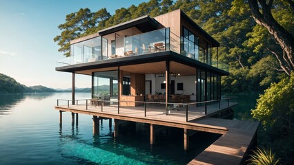Fototapeta na wymiar a house on a dock over water. Ai llustration. digital painting. Generative AI Artificial Intelligence Artwork