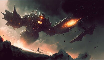 battle between spaceships and monster, sci-fi concept illustration painting, Generative AI