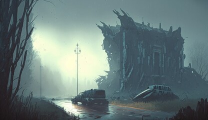 abandoned city in heavy rain, landscape painting, Generative AI