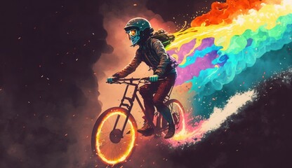 fantasy man with a gas mask riding bicycle with colorful burning wheels, digital art style, illustration painting, Generative AI