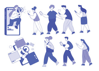 Woman Shouting in Megaphone and People Walking with Smartphone as Social Marketing and Promotion Vector Set