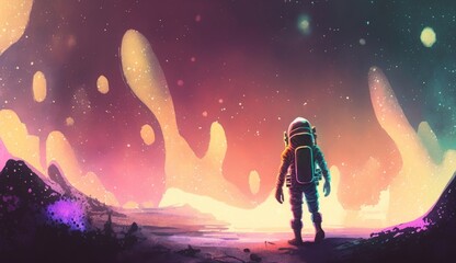 astronaut walking on the ground with glowing particles in alien planet, digital art style, illustration painting, Generative AI
