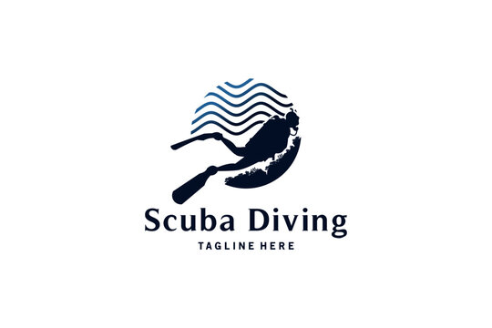 Scuba diving logo design with underwater waves vector illustration
