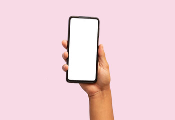 person holding a cell phone on white background
