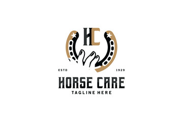 Vector hand holding horseshoe vintage style for logo design of service or care horseshoe