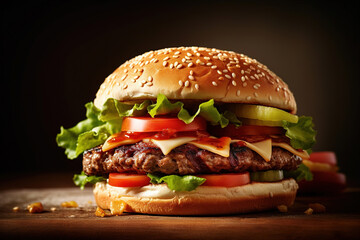 studio photo close up burger on a wooden table