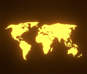 Neon orange world map in the dark background