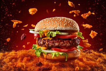 cheeseburger with exploding crumbs over a red studio background