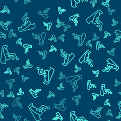 Fototapeta na wymiar Green line Surfboard icon isolated seamless pattern on blue background. Surfing board. Extreme sport. Sport equipment. Vector