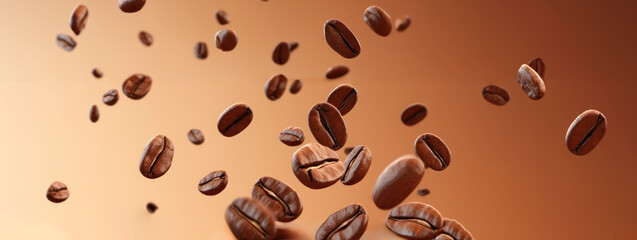Coffee beans falling closeup, banner. Generative AI