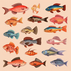 Different types of fish. Generative AI.