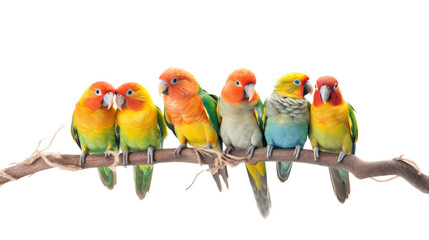 Obraz na płótnie Canvas a group of Lovebirds sitting on a branch, colorful and beautiful, Nature-themed, photorealistic illustrations in a PNG, cutout, and isolated. Generative AI