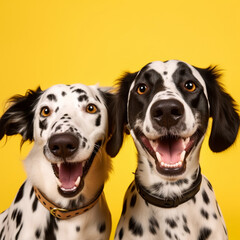 Selfie of some dogs on a yellow background. Generative AI.