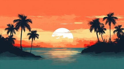 Fototapeta na wymiar a painting of a sunset with palm trees on an island in the ocean with a boat in the water and the sun setting in the distance. generative ai