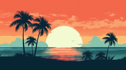 Fototapeta na wymiar a painting of a sunset with palm trees in the foreground and the ocean in the background with mountains in the distance and a bright orange sky. generative ai