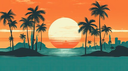 Plakat a painting of a sunset with palm trees in the foreground and a city in the distance with a bright orange sky and a blue ocean. generative ai